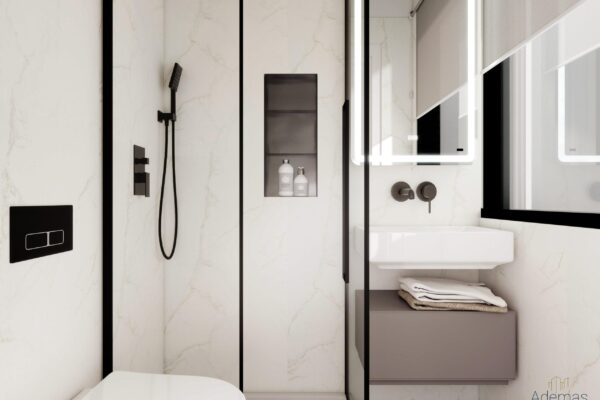 Rendering bagno con doccia walk-in – operazione di sviluppo immobiliare e ristrutturazione a Milano Vigentino