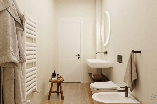 Rendering bagno di design con doccia moderna – progetto di ristrutturazione e sviluppo immobiliare a Milano Vigentino