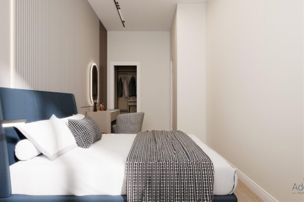 Rendering camera moderna con armadio su misura – intervento di flipping immobiliare a Milano Vigentino 10