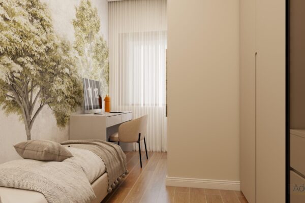 Rendering camera singola con area lavoro – trasformazione di immobile commerciale in residenziale a Milano Vigentino