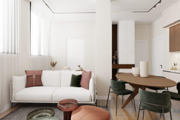 Rendering zona living moderna con cucina integrata – progetto di frazionamento e sviluppo immobiliare a Milano Vigentino 10