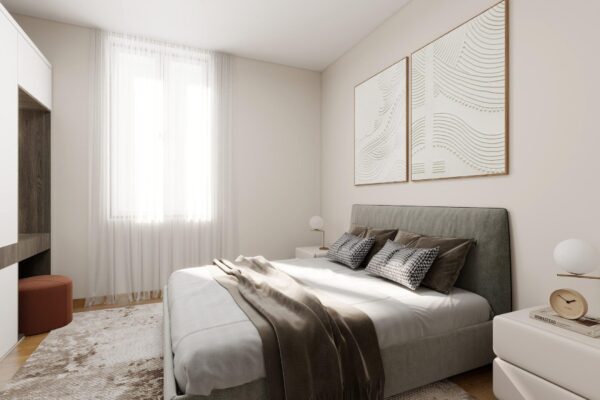 Riqualificazione immobile Milano_Camera matrimoniale trilocale post frazionamento immobiliare
